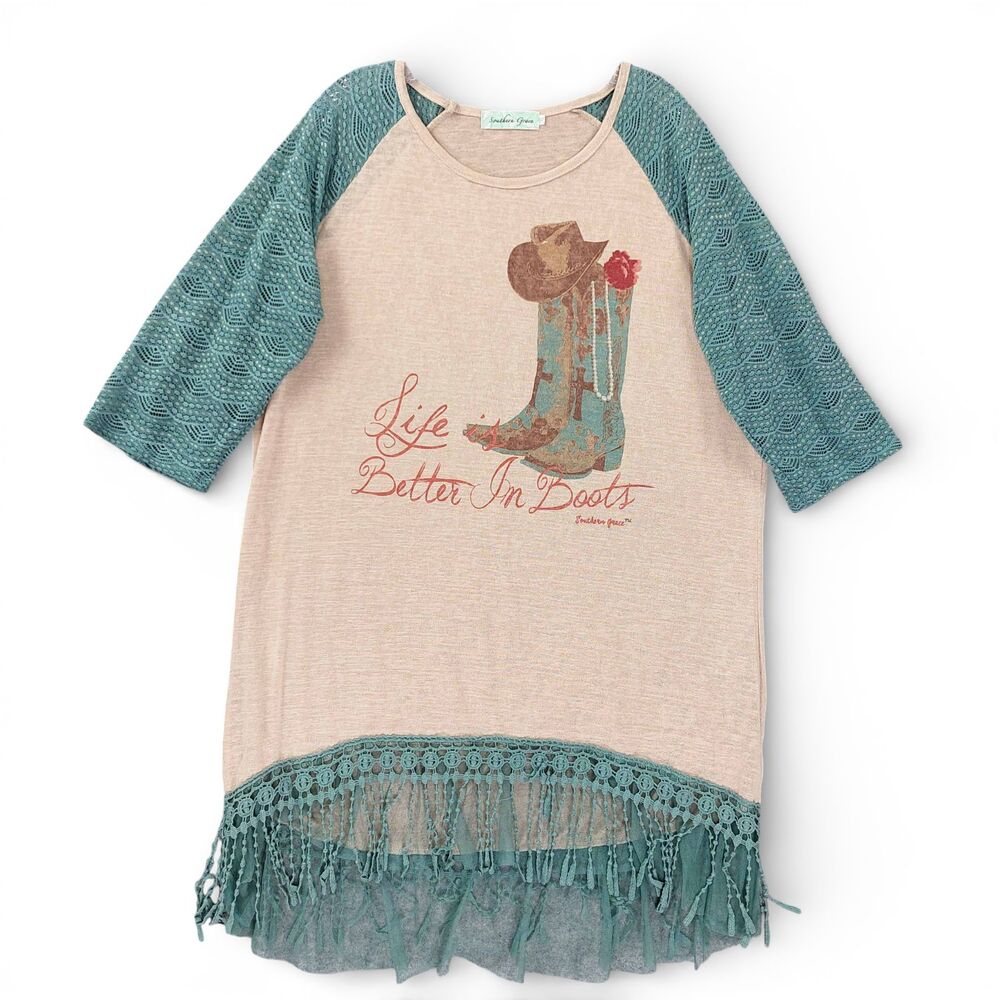 Southern Grace 2XL Life Is Better In Boots Tunic Top Lace Fringe Western Boho - Picture 2 of 9